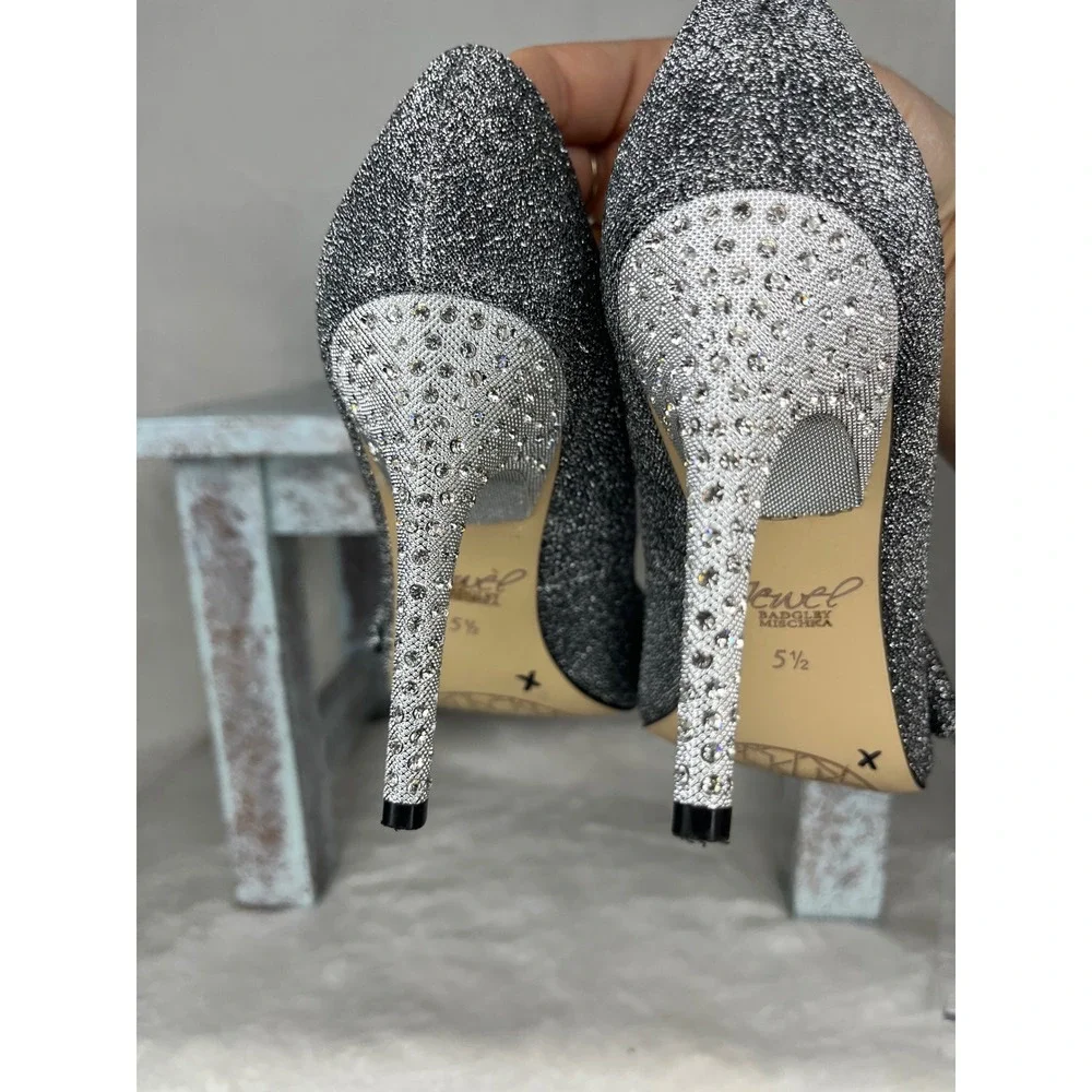 Jewel Badgley‎ Mischka Pumps Heels Silver Glitter Rhinestone Bow Size 5.5